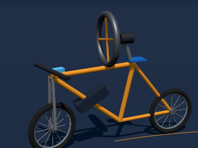 Robot bicycle with a reaction wheel on top, leaning into a turn