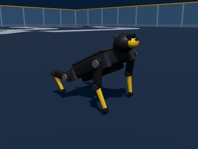 Petoi Bittle X robot dog, black with yellow legs, sitting up to wave