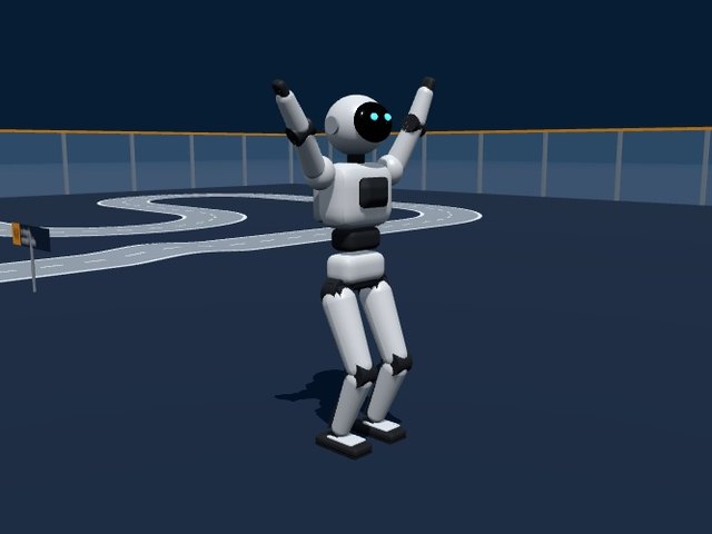 Booster K1 kid-size humanoid, white with a black visor, cheering with both arms up