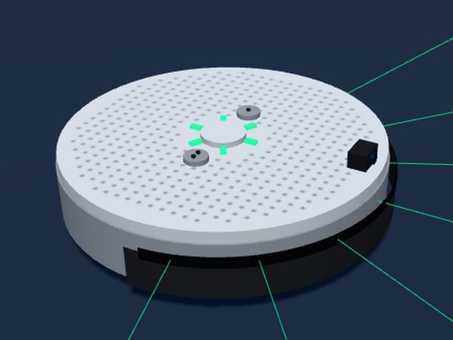 Round iRobot Create 3 robot with its seven infrared sensor rays