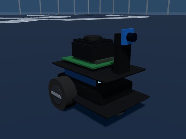 JetBot, a small black two-wheeled robot with a Jetson Nano heatsink and a camera on a post