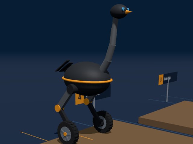 Ostrich-like robot balancing on two wheels at the end of its legs, on a curb