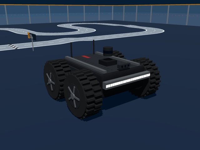 Husarion Panther, a black four-wheel outdoor robot with big knobby tyres and an LED strip in its bumper
