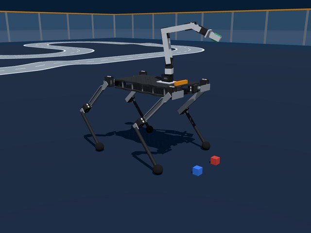 Four-legged robot with twelve Dynamixel servos and a robot arm with gripper on its back