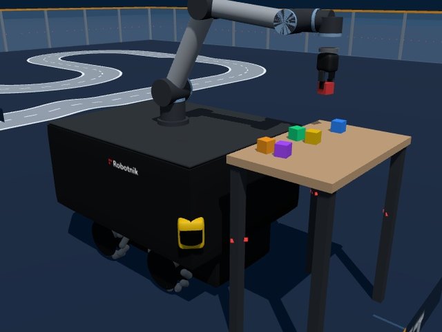 Robotnik RB-KAIROS+, a black mecanum-wheeled base with a UR5e arm picking a block from a table