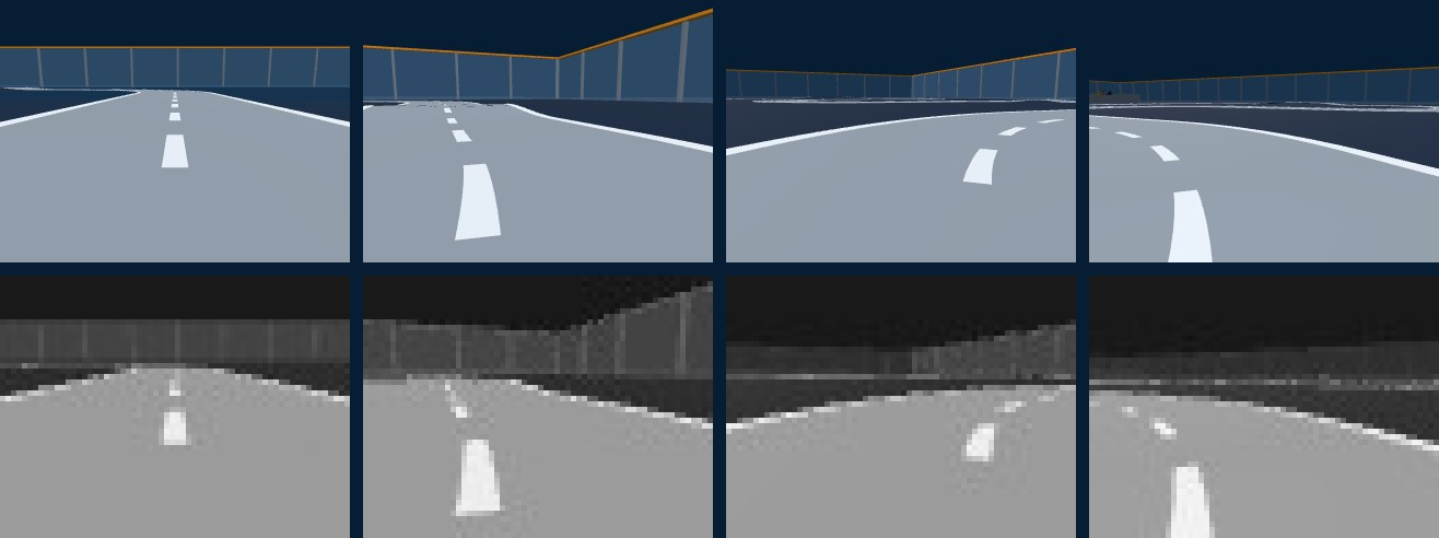 Four camera pictures of the track (straight, right-hand bend, left-hand bend, around the middle prong) in colour, and below each the same picture at 64 by 48 pixels in grey