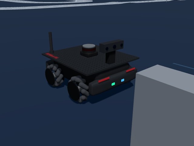 Husarion ROSbot XL, a black mecanum-wheeled robot with a LiDAR and a camera