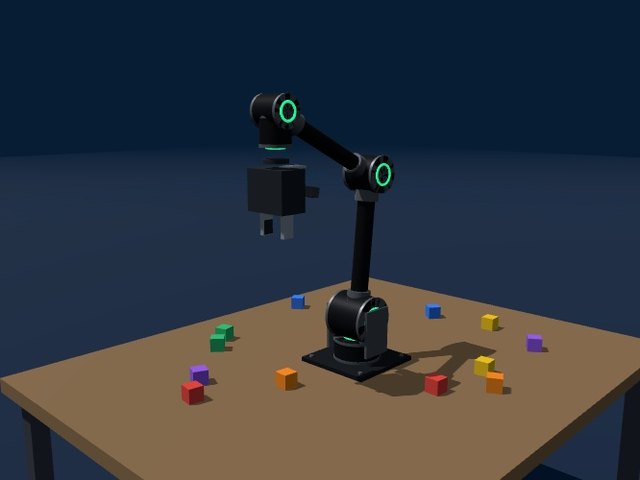 Black Lynxmotion SES-PRO robot arm with carbon-fibre tubes on a table with coloured blocks