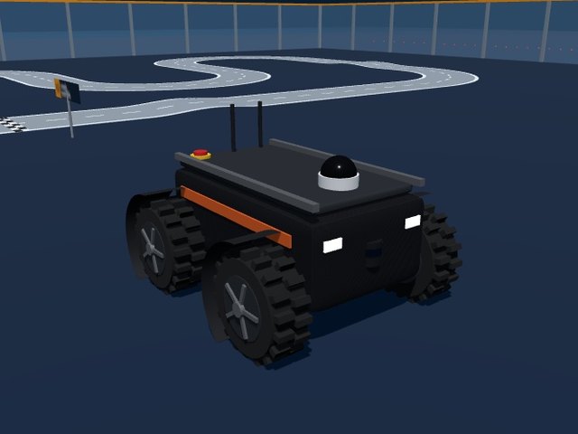 Robotnik SUMMIT-XL, a dark four-wheel robot with an orange stripe, a PTZ dome camera and a front laser