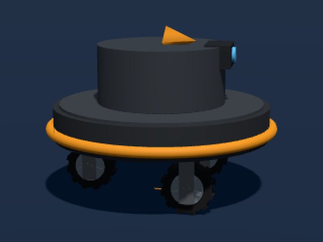 Round robot with three wheels that steer together and a rotating turret