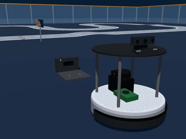 TurtleBot 4 with its shelf, OAK-D camera and LiDAR, beside its charging dock