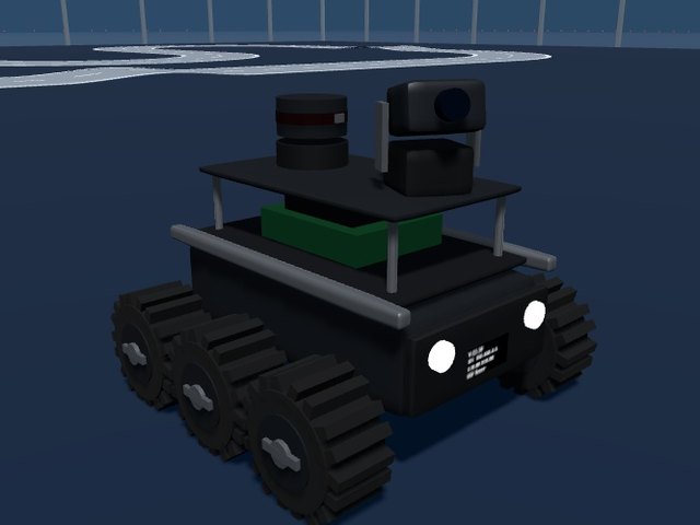 Waveshare UGV Rover, a dark six-wheeled rover with a LiDAR, a pan-tilt camera and two lit headlights