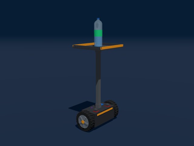 Self-balancing robot on two wheels side by side, with a bottle on a plateau