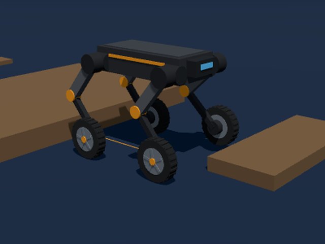 Four-legged robot with a wheel on every foot coming down a step