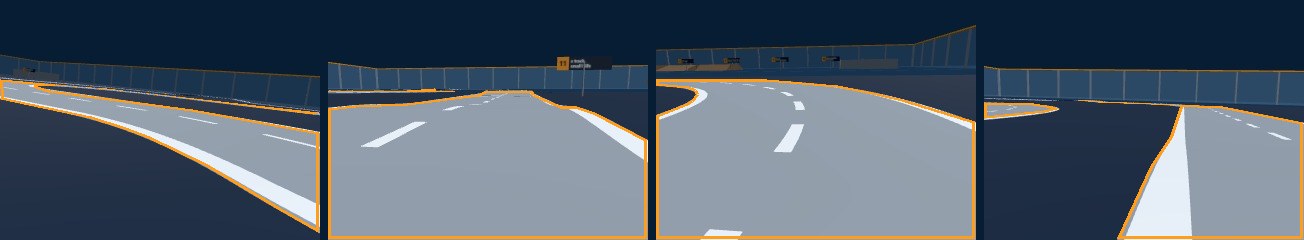 Four camera images of the track with the label outline of the path drawn in orange