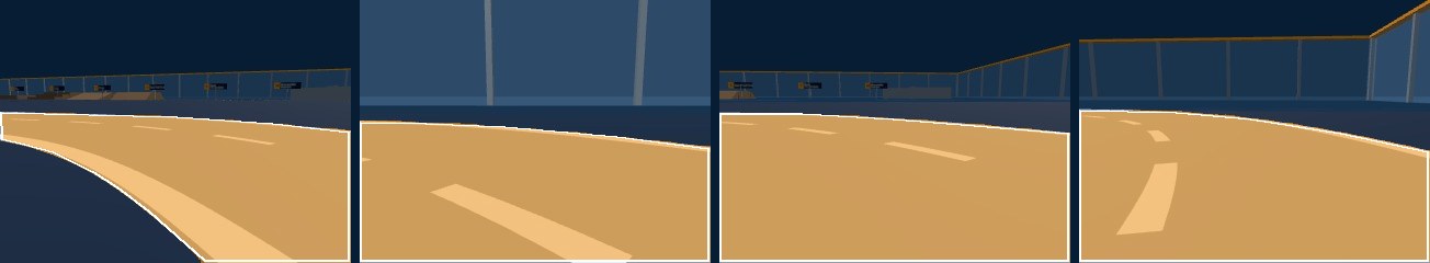 Four validation images with the path found by YOLO in orange and the true label as a white outline